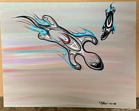 Full view of the indigenous style painting by Randy Knott with two animal figures in black, white, blue, red, and gray on a gradient background