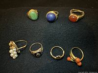 Overview of all seven gold rings on black background