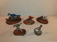 Group photo of all five wood and wire bird sculptures mounted on wooden bases