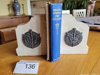 Pair of stone bookends with blue Dickens Stories for Children book between them on wooden table