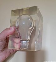 Front-facing view of clear Lucite block showing embedded bulb form