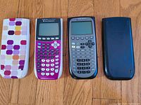 Front view of two Texas Instruments graphing calculators and their covers.