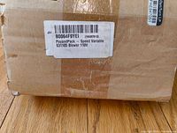 Label on the outside of the cardboard box showing product details: PayandPack - Speed Variable S31105 Blower 110V.