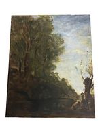 Full view of the oil painting showing the dark trees on the left, building on the hill in the background, and sky on the right.