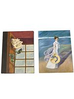 Photo showing two paintings side by side: lady on beach and white rose by window.