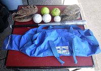 Photo showing two older brown leather baseball gloves, three white baseballs, two yellow softballs, one metal baseball bat and blue Easton carry bag with broken handle.