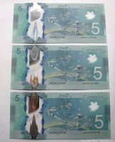 Three consecutive 2013 Canadian five-dollar polymer banknotes shown on reverse side featuring Canadarm2 and robot arm space theme, confirmed consecutive serial numbers.