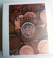 Front cover of the white ring binder album labeled 'Canadian Pennies' showing a background of coins.