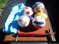 Lot displayed on a brown table under sunlight, showing all balls, pump, and bag clearly with shadows.