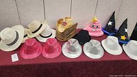 Group photo showing all 13 assorted costume hats arranged on a table with burgundy tablecloth including straw hats, pink sequin fedoras, silver fedoras, cowboy hats, wizard hats and a pink poop emoji hat.