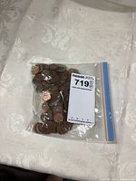 Plastic zip lock bag filled with pennies, mostly Canadian based on seller description and coin appearance.