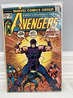 Front cover of Avengers comic book issue 109 dated March 1973, sealed in protective sleeve showing classic superhero art including Hawkeye prominently.