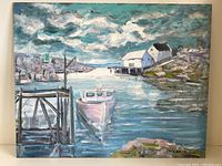 Front view of the oil painting depicting a coastal harbor with a boat and docks, signature in bottom right.