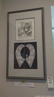 Full view of the framed lace collar and pencil sketch showing layout and framing details