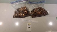 Two clear ziplock bags filled with pennies on a white countertop with a MaxSold label.