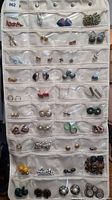 Full view of multiple pairs of costume jewelry earrings displayed in a white fabric jewelry organizer with clear pockets