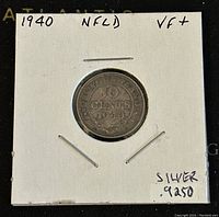 Obverse of the 1940 Newfoundland 10 cents coin showing denomination and year
