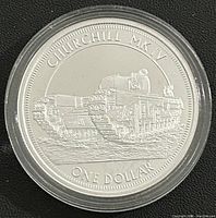 Reverse side of the coin featuring Churchill MK IV tank and denomination