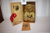Theodore Roosevelt themed teddy bear inside box with booklet and visible red ribbon on box side.