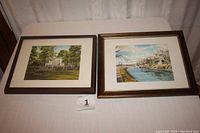 Two framed and matted hand-colored prints showing Band Shell at Reeves Park and Canal Lock 60 with Lock Tender’s House in Phoenixville.