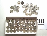 Entire lot arranged by series: 2 Barber, 21 Mercury, 34 Roosevelt dimes