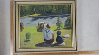 Full view of the framed oil painting showing the grandfather and grandson sitting by a river among grazing horses and trees