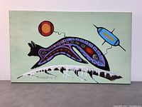 Front view of full painting showing stylized animal motif on green background