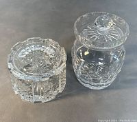Photo showing both Waterford crystal lidded box and sugar bowl from a side angle, displaying cut glass pattern and lids