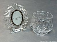Mini Waterford Crystal photo frame and open sugar bowl, both signed and in very good condition.