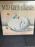 Front of sealed 'Mid-Life Crisis' game box with cartoon cracked egg illustration and game title.