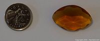 Faceted amber gemstone displayed next to a 2023 Canadian quarter to provide size perspective. The amber shows a multi-faceted cut and a deep honey color.