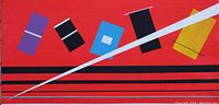 Close-up photo showing abstract geometric shapes on red background with black horizontal lines and white diagonal stripe.