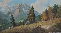 Close-up image of canvas print showing nature scene with mountain range, pine trees and rocky terrain.