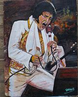 Close-up view of the painting showing Elvis Presley in white costume singing into microphone. Visible signature 'Thomas' at bottom right.