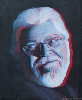 Close-up of the signed portrait painting depicting Jerry Springer with distinctive white hair, beard, glasses, and a high-contrast blue-red color scheme.