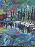 Close-up of the painting showing detailed colors, brush strokes, and signature of artist Theimas with date 65.