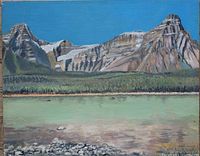 Close-up image of the painting showing a mountain landscape with river and rocky shore, signed at bottom corner.