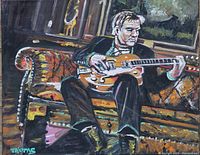 Close-up of the signed painting of man playing guitar on a couch, showing the signature 'THOMAS'