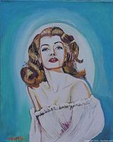 Close-up photo of the original portrait painting showing the woman with wavy hair in white clothing, artist signature visible at lower left.