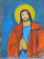 Close-up photo of the painting showing Jesus with a yellow halo, red outer robe, and blue inner garment against a blue background.