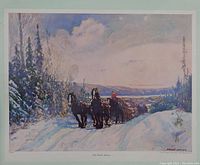 A photo of the clean art print titled 'The Winter Woods' by Andre Lafond showing two horses pulling a sled through a snowy winter landscape with a figure in red seated on the sled.