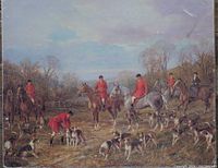 Close-up image of the hunting scene print showing hunters in red jackets on horseback with dogs, and visible wear and creases on the paper.
