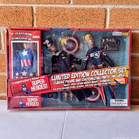 Photo of the full boxed Marvel Captain America Mego Style Limited Edition Collector Set including figures and accessories in packaging.