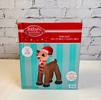Boxed Rudolph Red Nosed Reindeer Inflatable decoration showing product branding, specifications and design.
