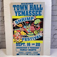 Full view of vintage Yemassee Shrimp Festival fair attraction poster with clown illustrations and carnival rides behind Town Hall text.