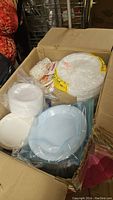 Box full of assorted disposable plates including Styrofoam, paper and plastic plates in various sizes and colors.
