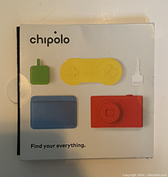 Chipolo branded box showing colorful icons representing different items to track, with text 'Find your everything.'