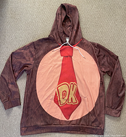 Front view of Donkey Kong hoodie sweater showing tie and DK logo design.