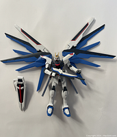 Full view of built Freedom Gundam with wings fully extended, holding rifle and shield mounted beside it.