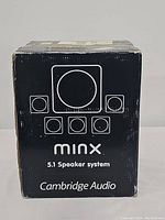 Front view of sealed Minx 5.1 speaker system box showing logo, speaker icons and Cambridge Audio branding